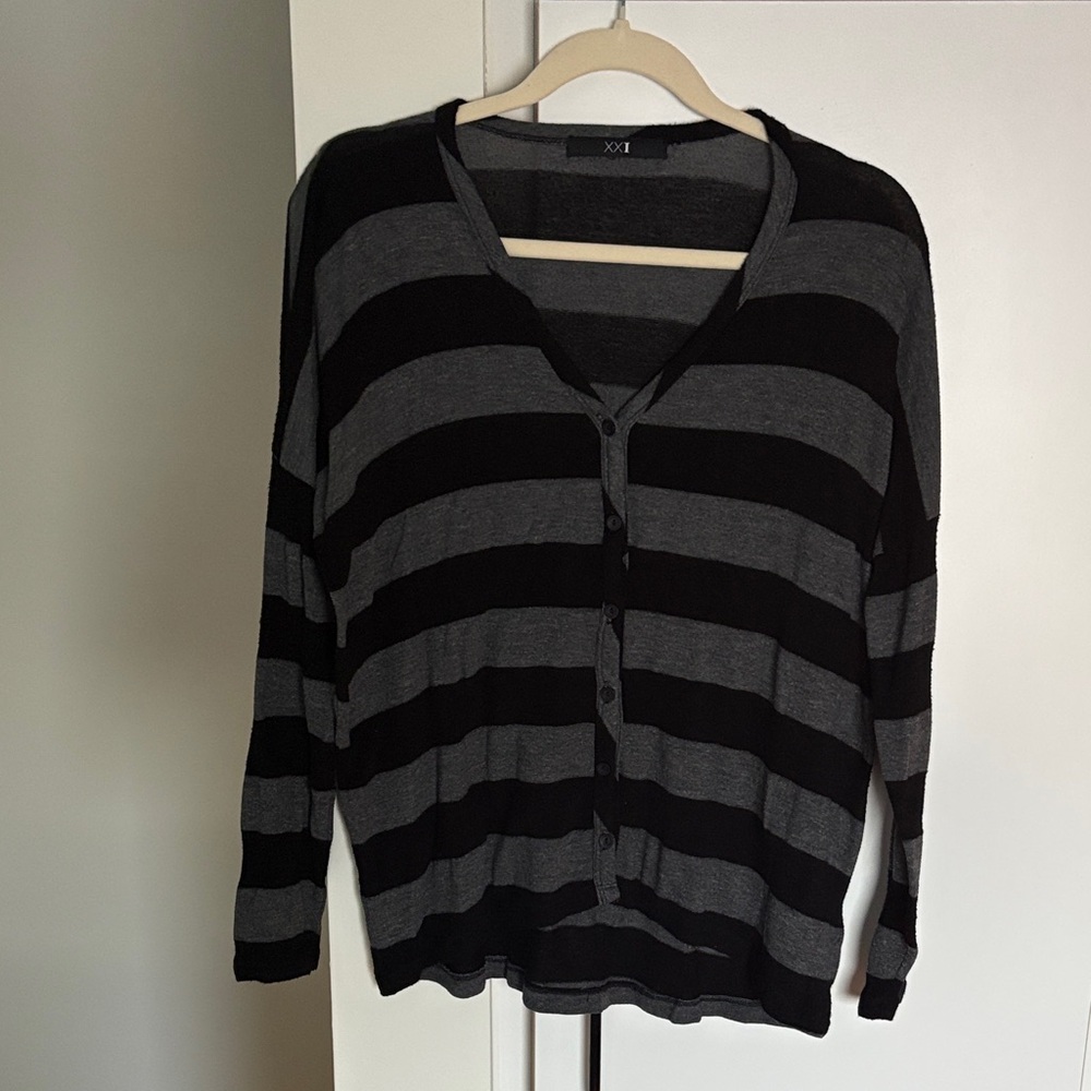 Forever 21 Black and Gray Striped Women's Button Up Sweater